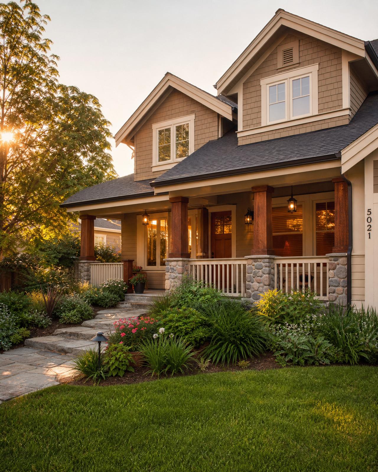 A welcoming residential group home at golden hour